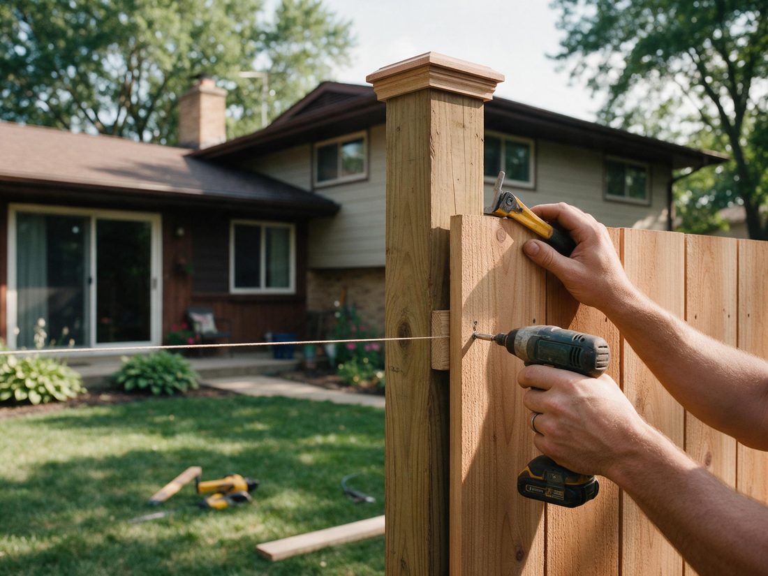 Hands driving a screw with a cordless drill into a wood fence post beside a ranch house, in Hiawatha, IA