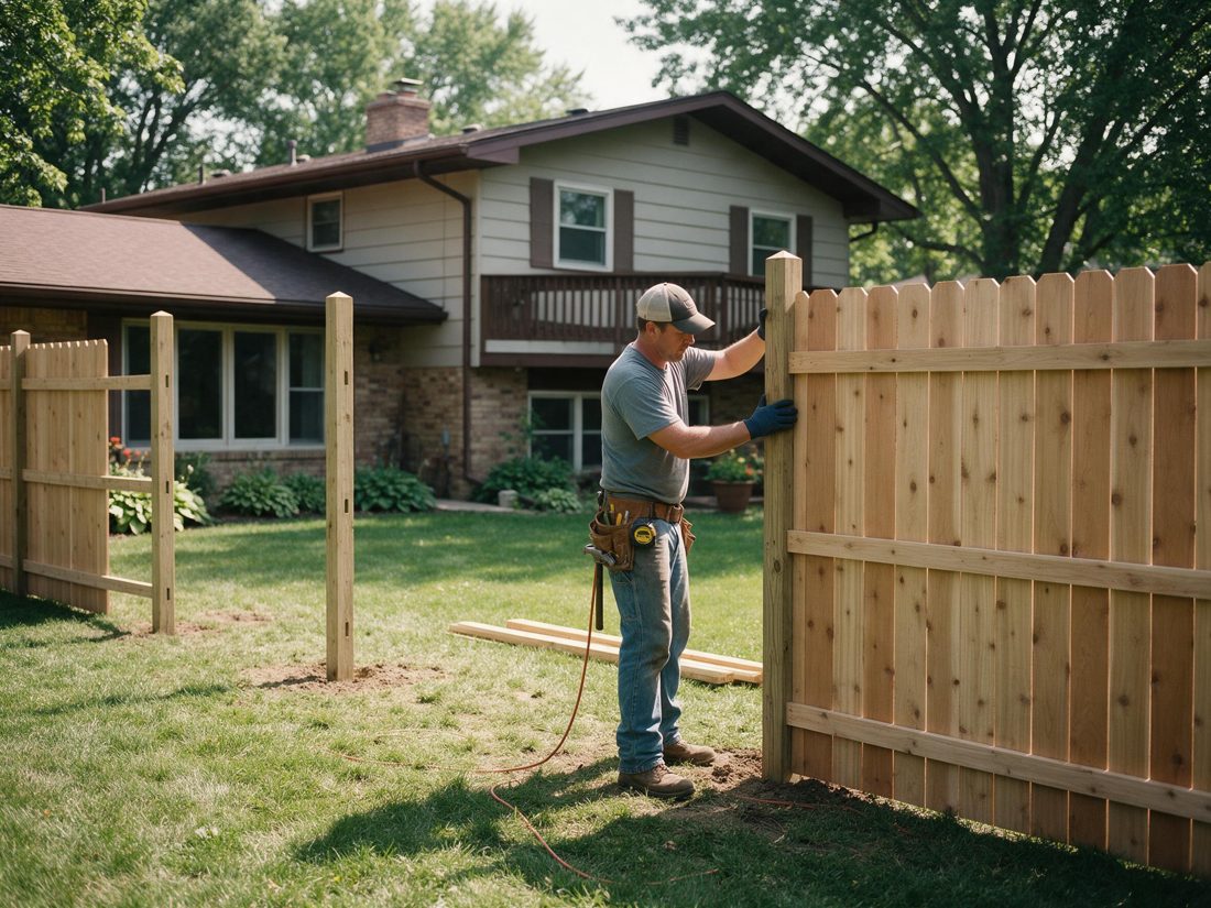 Worker with a tool belt attaching boards to a wood privacy fence between new posts in a backyard, in Hiawatha, IA