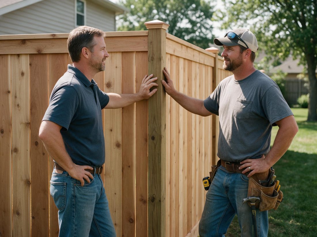 Two men talking beside a new wood privacy fence post, in Hiawatha, IA