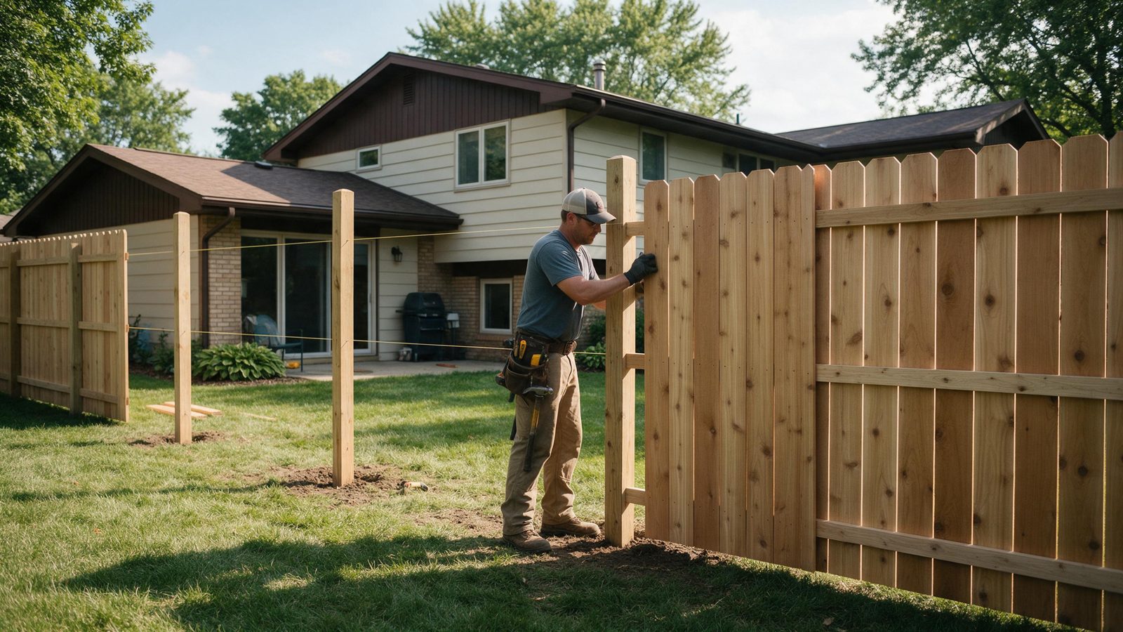 Worker attaching boards to a new wood privacy fence in the backyard of a two-story house, in Hiawatha, IA