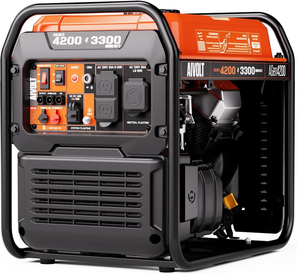 An orange and black AIVOLT open-frame inverter generator in a black tube frame, printed 4200 peak and 3300 running watts, with outlets and switches on the front panel, for storm prep in Hiawatha, IA