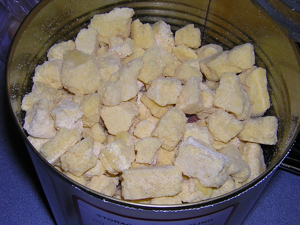 An open can of freeze-dried scrambled egg pieces, for storm prep in Hiawatha, IA