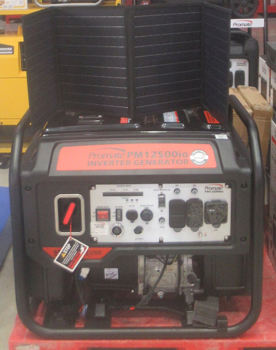 A red and black open-frame gasoline inverter generator inside a black tube frame, for storm prep in Hiawatha, IA