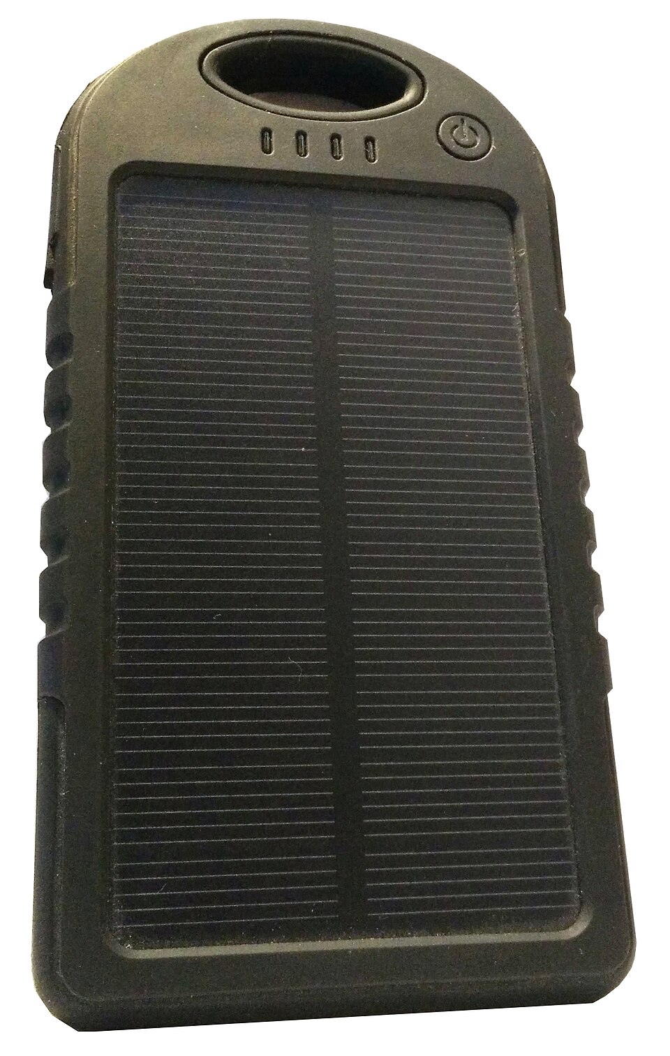 A dark green handheld power bank with a solar panel on its face, for storm prep in Hiawatha, IA